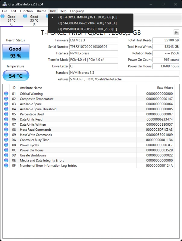 CrystalDiskInfo NVMe drive view with compact SMART table